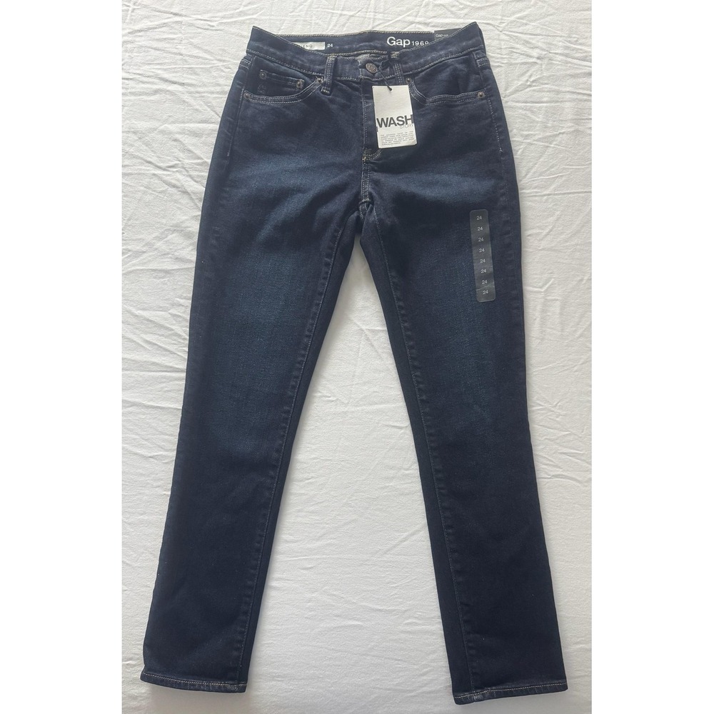 Gap 1969 Girlfriend Straight Jeans‎ Womens 24 Blue Dark Wash Mid Rise Stretch